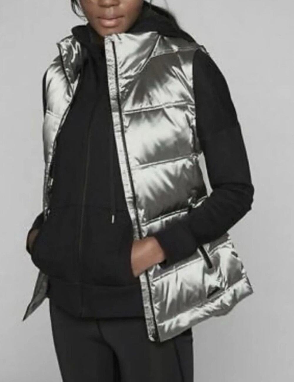 Athleta Silver Metallic Quilted Puffer Vest Women’s Large High Collar Zip Front